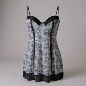 MARILYN MONROE L Black Lace Gray Floral Silky Shaper Nightie Chemise Slip $45